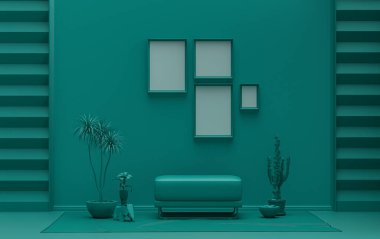 Tek renkli koyu yeşil renkli iç mekan, duvarda mobilya ve poster sunumu için bitkiler olan dört resim çerçevesi. 3B görüntüleme
