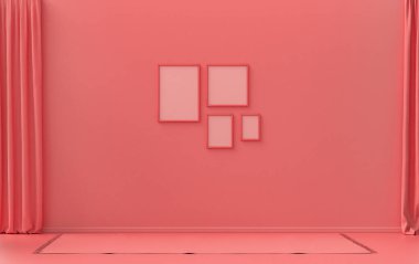 İç oda, açık pembe, pembe turuncu renkte, duvarda mobilyasız 4 resim çerçevesi ve poster sunumu için boş. 3B görüntüleme