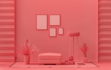 İç oda, açık pembe, pembe turuncu renkte, duvarda mobilya ve poster sunumu için bitkilerle birlikte 4 adet resim çerçevesi var. 3B görüntüleme