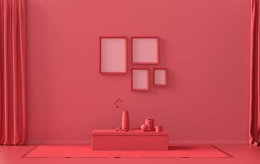 İç oda, tek renkli koyu kırmızı, kestane rengi, duvarda dört resim çerçevesi, mobilyalar ve poster sunumu için bitkiler. 3B görüntüleme