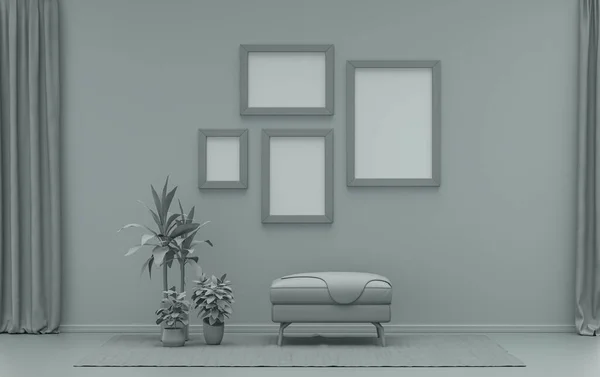 Interior room in plain monochrome ash gray color, 4 picture frames on the wall with single chair and plants for poster presentation. 3D rendering