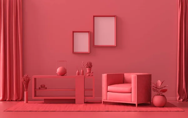 Çift Çerçeve Galerisi Duvarı koyu kırmızı, tek renkli, mobilya ve bitkilerle donatılmış tek renkli daire, 3D döşeme, poster modelleme odası