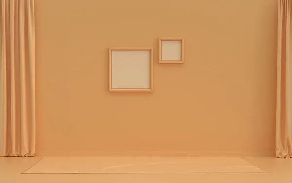 Gallery wall with 2 frames, in monochrome flat single orange pinkish color room without furniture and empty, 3d Rendering, picture frame mock-up