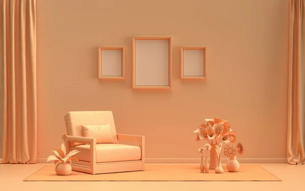 Üç resim çerçeveli galeri duvarı, monokrom düz tek turuncu renkli pembe renkli odada tek sandalye ve bitkilerle, 3D görüntüleme, resim çerçevesi maketi