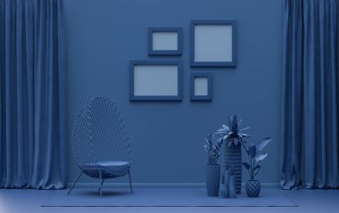 Tek renk tek renkli lacivert iç oda tek sandalye ve bitkilerle, duvarda 4 çerçeve, 3 boyutlu görüntüleme, poster çerçeve sahnesi