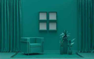 Tek renk tek renkli koyu yeşil renkli iç oda tek sandalye ve bitkilerle, duvarda 4 çerçeve, 3 boyutlu görüntüleme, poster çerçeve sahnesi