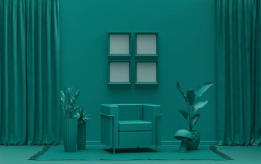 Tek renk tek renkli koyu yeşil renkli iç oda mobilya ve bitkilerle, duvarda 4 çerçeve, 3 boyutlu tasarım, poster çerçeveli model sahne