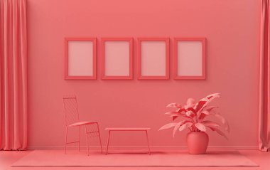 Tek renk tek renkli açık pembe, pembe turuncu renkli iç oda tek sandalye ve bitkilerle, duvarda 4 çerçeve, 3 boyutlu tasarım, poster çerçeve sahnesi
