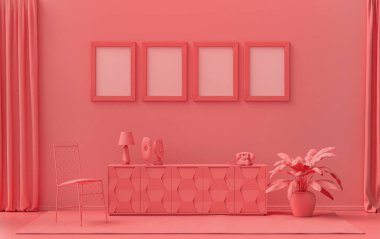 Tek renk tek renkli açık pembe, pembe turuncu renkli iç oda mobilya ve bitkilerle, duvarda 4 çerçeve, 3 boyutlu tasarım, poster çerçeve sahnesi