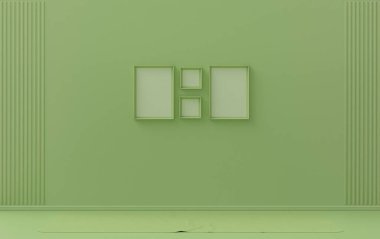 Tek renk tek renkli açık yeşil renkli iç mekan mobilyasız ve boş, duvarda 4 çerçeve, 3 boyutlu görüntüleme, poster çerçeve sahnesi