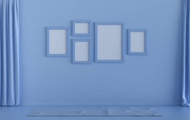 Tek renk tek renkli açık mavi iç oda mobilyasız ve boş, duvarda beş resim çerçevesi, üç boyutlu görüntüleme, poster çerçeve sahnesi