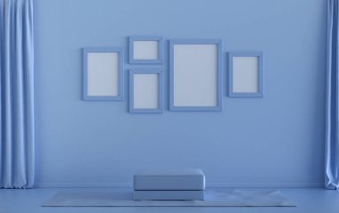 Tek renk monokrom açık mavi iç oda, bitkisiz orta sedirli puf, duvarda beş resim çerçevesi, üç boyutlu tasarım, poster çerçeve sahnesi