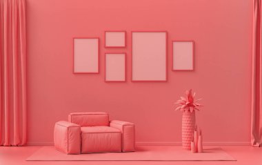 Tek renk tek renkli açık pembe, pembe turuncu renkli iç oda tek sandalye ve bitkilerle, duvarda beş resim çerçevesi, üç boyutlu tasarım, poster çerçevesi sahnesi