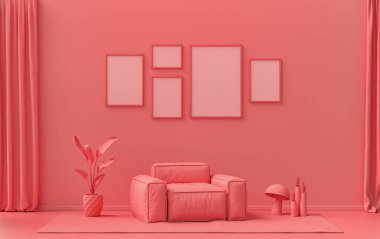 Tek renk tek renkli açık pembe, pembe turuncu renkli döşeme ve bitkilerle iç mekan, duvarda beş resim çerçevesi, 3 boyutlu tasarım, poster çerçeve sahnesi