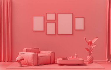 Tek renk tek renkli açık pembe, pembe turuncu renkli döşeme ve bitkilerle iç mekan, duvarda beş resim çerçevesi, 3 boyutlu tasarım, poster çerçeve sahnesi