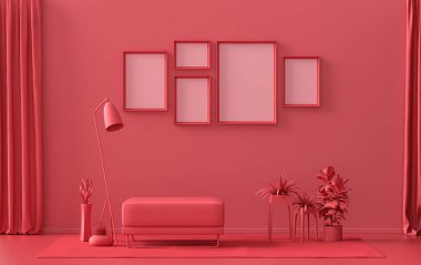 Tek renk tek renkli koyu kırmızı, mobilya ve bitkilerle kestane rengi iç oda, duvarda beş resim çerçevesi, üç boyutlu tasarım, poster çerçevesi sahnesi