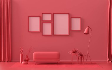 Tek renk tek renkli koyu kırmızı, mobilya ve bitkilerle kestane rengi iç oda, duvarda beş resim çerçevesi, üç boyutlu tasarım, poster çerçevesi sahnesi