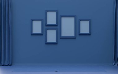 Tek renk tek renkli koyu mavi iç oda mobilyasız ve boş, duvarda beş resim çerçevesi, üç boyutlu görüntüleme, poster çerçevesi sahnesi
