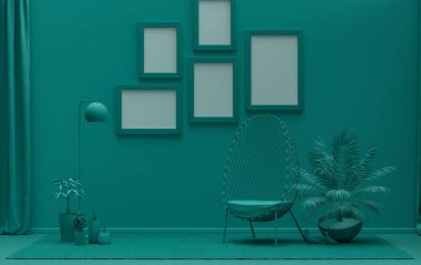Tek renk tek renkli koyu yeşil renkli iç oda mobilya ve bitkilerle, duvarda beş resim çerçevesi, üç boyutlu tasarım, poster çerçeve sahnesi