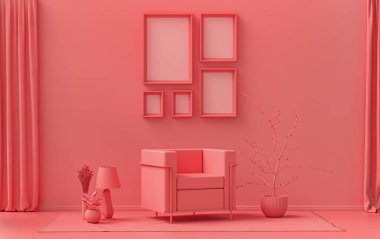 Duvarında beş çerçeve olan düz renkli iç mekan, tek renkli açık pembe, mobilya ve bitkilerle birlikte turuncu renkli galeri duvarı. 3B görüntüleme, poster vitrini