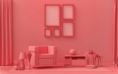 Duvarında beş çerçeve olan düz renkli iç mekan, tek renkli açık pembe, mobilya ve bitkilerle birlikte turuncu renkli galeri duvarı. 3B görüntüleme, poster vitrini