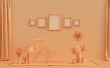 Duvarında beş çerçeve, tek renkli turuncu pembe renkli galeri duvarlı mobilya ve bitkilerle poster vitrini için düz renk iç mekan. 3B görüntüleme, poster vitrini