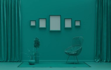 Duvarında beş çerçeve, tek renkli yeşil renkli galeri duvarı, tek sandalyeli ve bitkilerli poster vitrini için düz renk iç mekan. 3B görüntüleme, poster vitrini