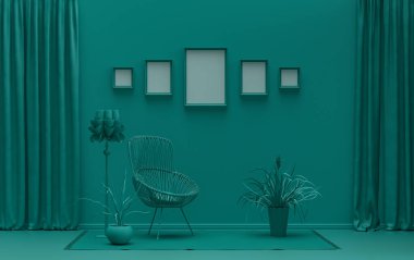 Duvarında beş çerçeve olan düz renkli iç mekan mobilya ve bitkilerle tek renkli yeşil renk galeri duvarı. 3B görüntüleme, poster vitrini