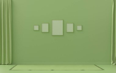 Duvarında beş çerçeve olan düz renkli iç mekan, tek renkli açık yeşil renkli galeri duvarı, mobilya ve boş oda yok. 3B görüntüleme, poster vitrini