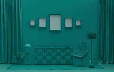 Duvarında beş çerçeve olan düz renkli iç mekan mobilya ve bitkilerle tek renkli yeşil renk galeri duvarı. 3B görüntüleme, poster vitrini