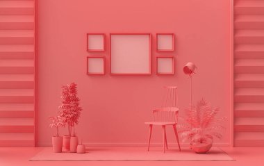 Duvarında beş çerçeve olan düz renkli iç mekan, tek renkli açık pembe, mobilya ve bitkilerle birlikte turuncu renkli galeri duvarı. 3B görüntüleme, poster vitrini