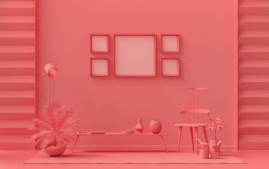 Duvarında beş çerçeve olan düz renkli iç mekan, tek renkli açık pembe, mobilya ve bitkilerle birlikte turuncu renkli galeri duvarı. 3B görüntüleme, poster vitrini