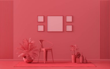 Duvarında beş çerçeve olan düz renk iç mekan, tek renk kırmızı, tek sandalyeli ve bitkilerli kestane rengi galeri duvarı. 3B görüntüleme, poster vitrini