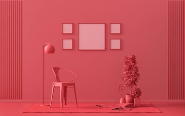 Duvarında beş çerçeve olan düz renk iç mekan, tek renkli kırmızı, mobilya ve bitkilerle kestane rengi galeri duvarı. 3B görüntüleme, poster vitrini