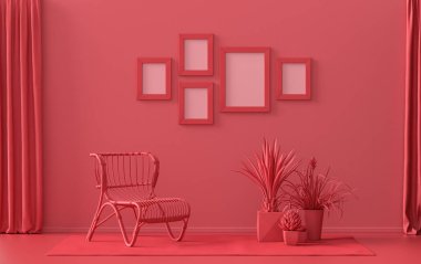 Duvarında beş çerçeve olan düz renk iç mekan, tek renk kırmızı, tek sandalyeli ve bitkilerli kestane rengi galeri duvarı. 3B görüntüleme, poster vitrini
