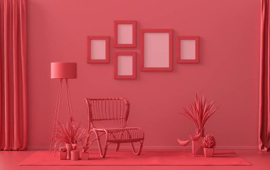 Duvarında beş çerçeve olan düz renk iç mekan, tek renkli kırmızı, mobilya ve bitkilerle kestane rengi galeri duvarı. 3B görüntüleme, poster vitrini