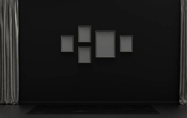 Duvarında beş çerçeve olan düz renkli iç mekan, tek renkli siyah ve metalik gri renkli galeri duvarı, mobilya ve boş oda yok. 3B görüntüleme, poster vitrini