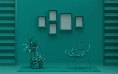 Duvarında beş çerçeve, tek renkli yeşil renkli galeri duvarı, tek sandalyeli ve bitkilerli poster vitrini için düz renk iç mekan. 3B görüntüleme, poster vitrini