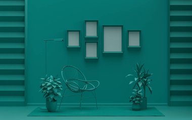 Duvarında beş çerçeve olan düz renkli iç mekan mobilya ve bitkilerle tek renkli yeşil renk galeri duvarı. 3B görüntüleme, poster vitrini