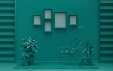 Duvarında beş çerçeve olan düz renkli iç mekan mobilya ve bitkilerle tek renkli yeşil renk galeri duvarı. 3B görüntüleme, poster vitrini