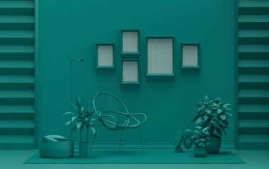 Duvarında beş çerçeve olan düz renkli iç mekan mobilya ve bitkilerle tek renkli yeşil renk galeri duvarı. 3B görüntüleme, poster vitrini