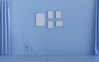 Duvarında beş çerçeve olan düz renkli iç mekan, tek renkli açık mavi galeri duvarı, tek sandalyeli, bitkisiz. 3B görüntüleme, poster vitrini