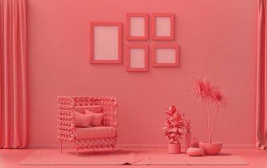 Duvarında beş çerçeve olan düz renkli iç mekan, tek renk açık pembe, turuncu renkli galeri duvarı, tek sandalye ve bitkilerle. 3B görüntüleme, poster vitrini