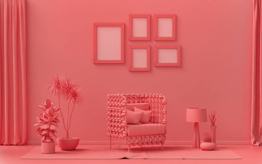 Duvarında beş çerçeve olan düz renkli iç mekan, tek renkli açık pembe, mobilya ve bitkilerle birlikte turuncu renkli galeri duvarı. 3B görüntüleme, poster vitrini