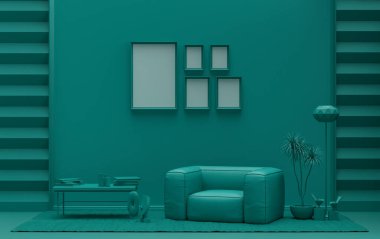 Duvarında beş çerçeve olan düz renkli iç mekan mobilya ve bitkilerle tek renkli yeşil renk galeri duvarı. 3B görüntüleme, poster vitrini