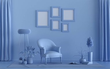 Duvarında beş çerçeve bulunan düz renk iç mekan, tek renkli açık mavi renkli mobilya ve bitkilerle donatılmış galeri duvarı. 3B görüntüleme, poster vitrini