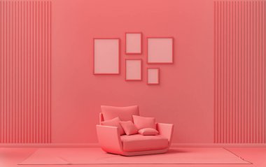 Duvarında beş çerçeve olan düz renkli iç mekan, tek renk açık pembe, pembe renkli, tek koltuklu, bitkisiz turuncu galeri duvarı. 3B görüntüleme, poster vitrini