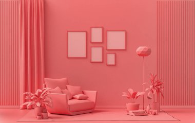 Duvarında beş çerçeve olan düz renkli iç mekan, tek renkli açık pembe, mobilya ve bitkilerle birlikte turuncu renkli galeri duvarı. 3B görüntüleme, poster vitrini