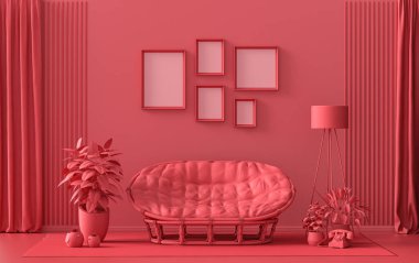 Duvarında beş çerçeve olan düz renk iç mekan, tek renkli kırmızı, mobilya ve bitkilerle kestane rengi galeri duvarı. 3B görüntüleme, poster vitrini