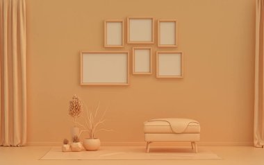 Duvarında altı çerçeve, tek renkli turuncu pembe galeri duvarı, tek sandalyeli ve bitkilerli poster vitrini için düz renk iç mekan. 3B görüntüleme, poster vitrini